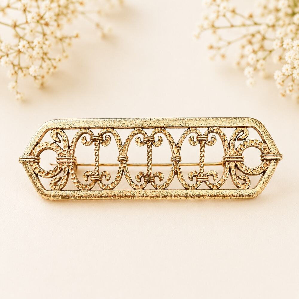 Vintage Ornate Buckle Brooch Victorian Revival Filigree Statement Pin
